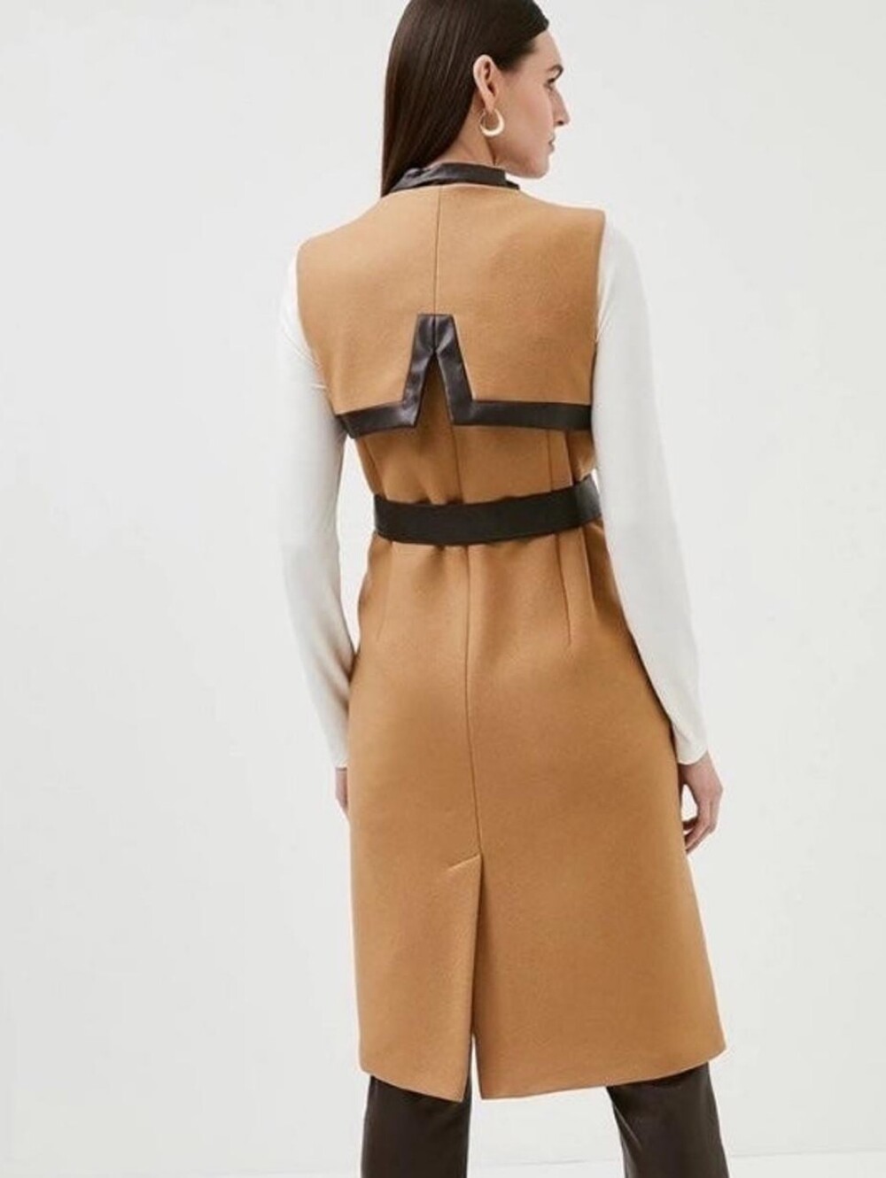 $598 New Karen Millen Camel  Faux Leather Long Vest Sleeveless Trench Wool Sz 10 - Picture 2 of 6